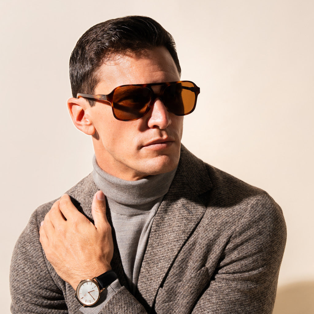 brown sunglasses with tortoise frame on man