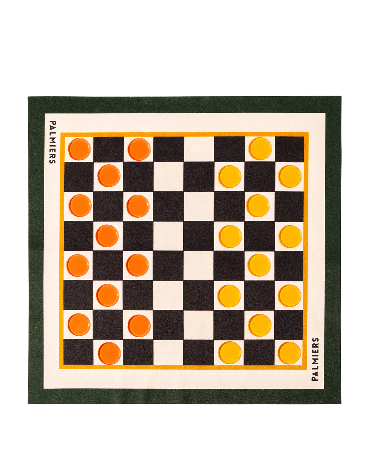 Checker board cloth with checker pieces using colors of orange, yellow, green,black and ivory.