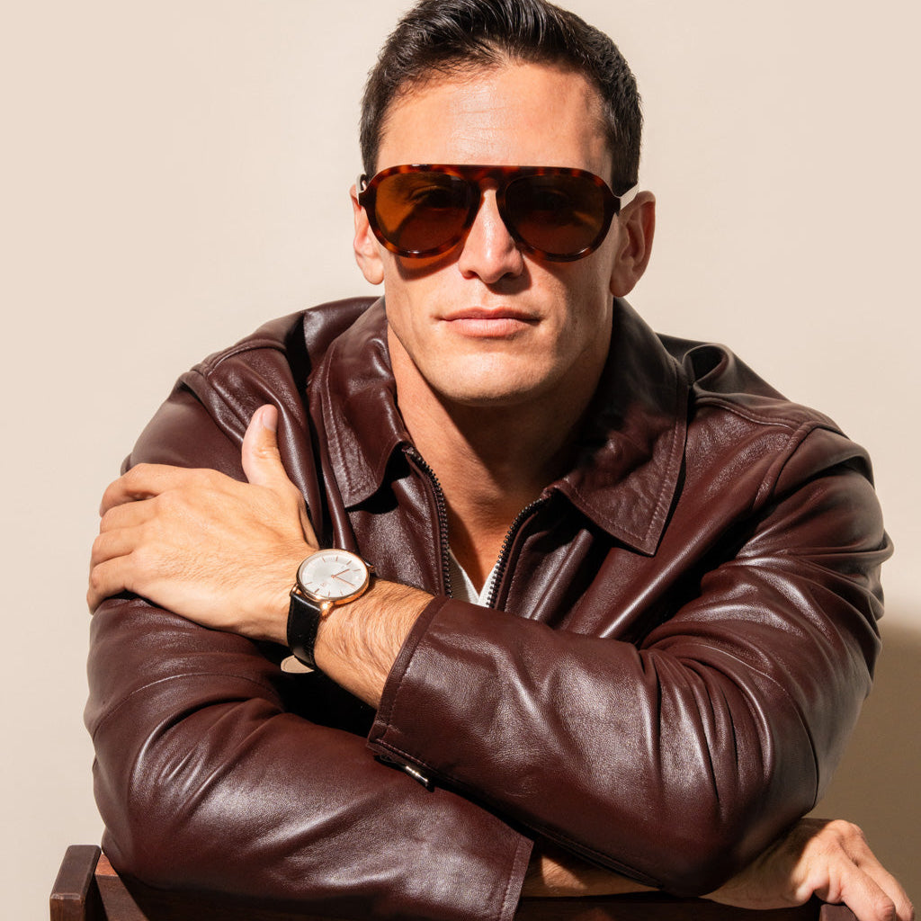 brown sunglasses with tortoise frame on man