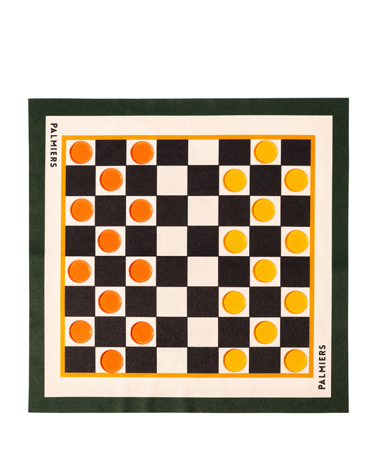 Checker board cloth with checker pieces using colors of orange, yellow, green,black and ivory.