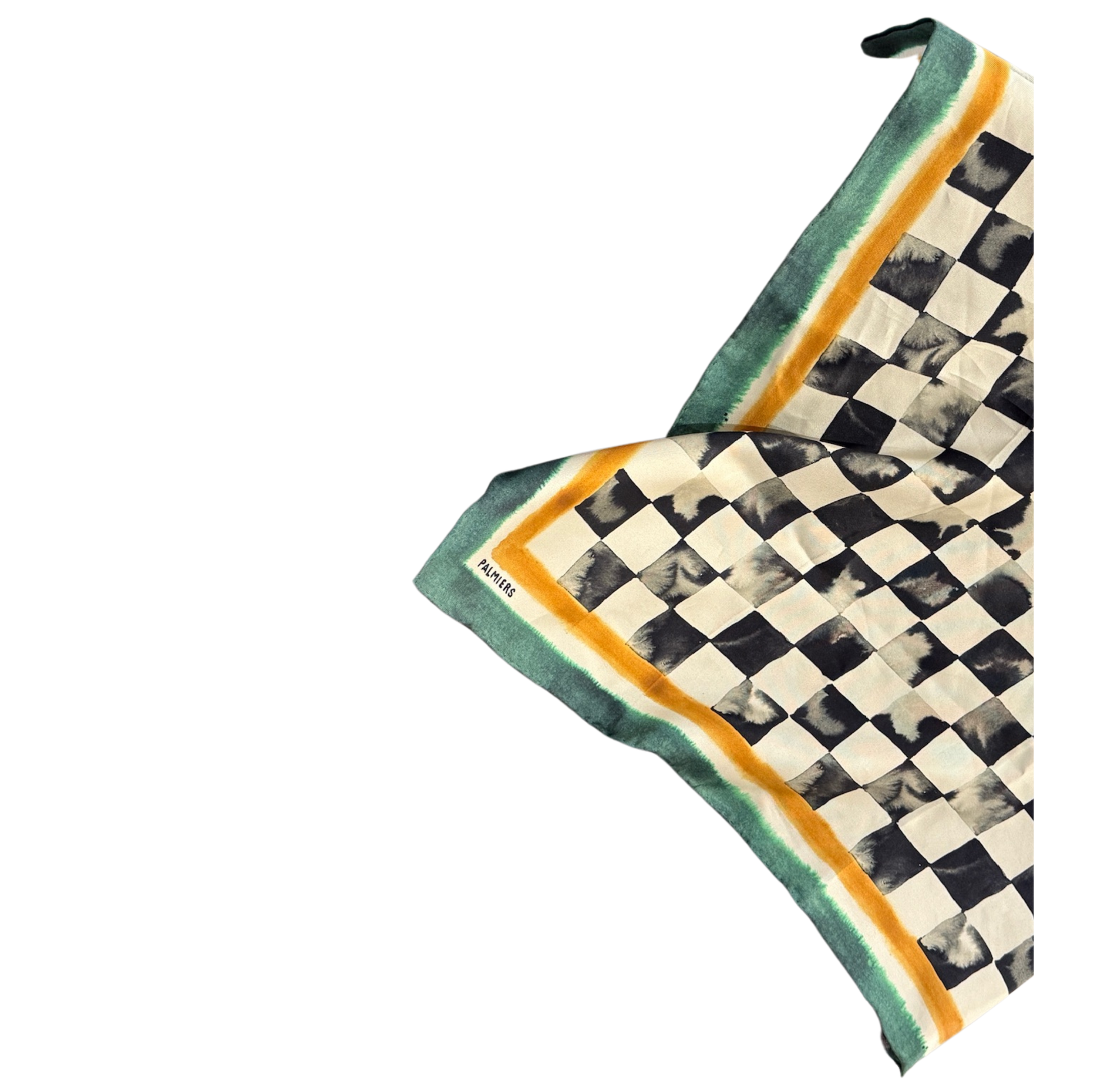 Checkered silk scarf with green border on a white background