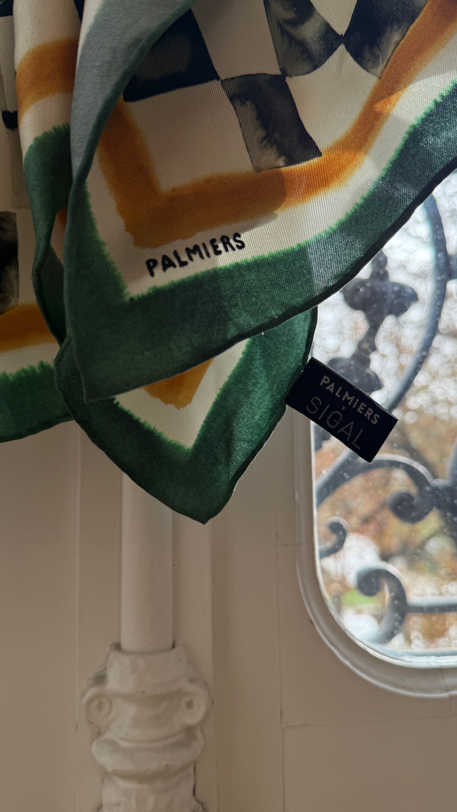 Palmiers Eyewear silk twill scarf in checkered pattern.