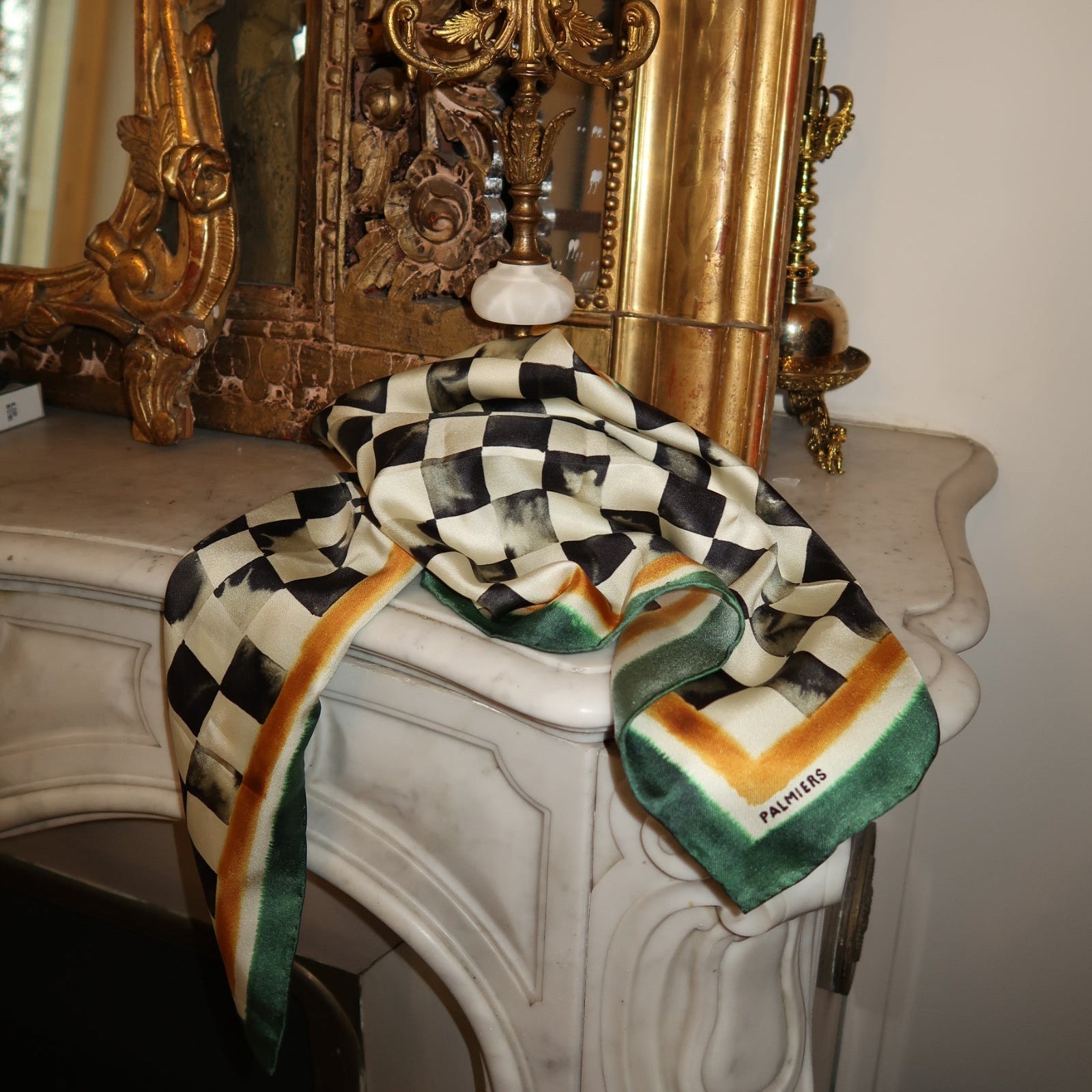 Palmiers Eyewear silk scarf in checkered pattern.